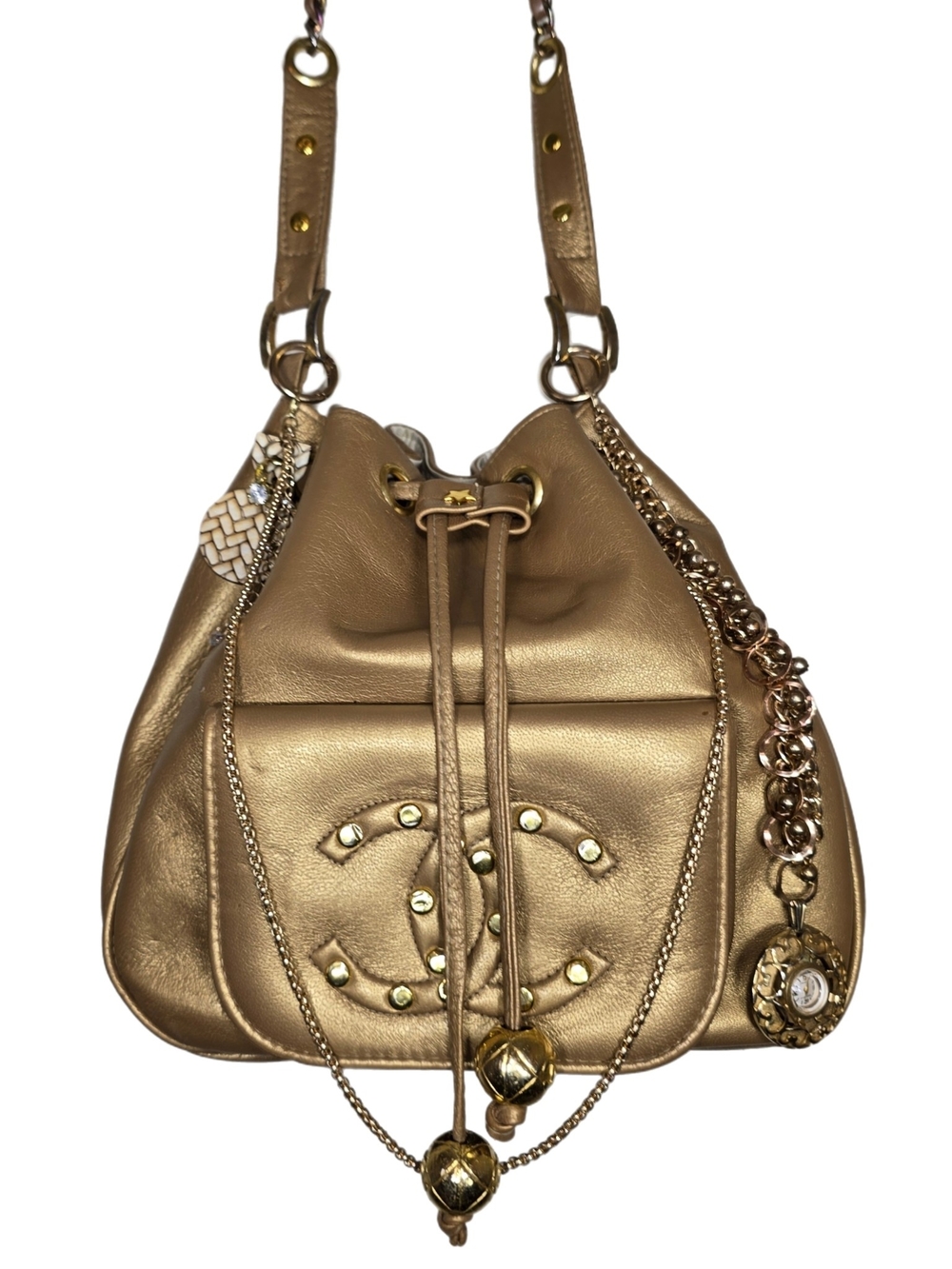 Custom Rivet Y2K Metallic Gold Drawstring Bucket Bag Possibly Leather